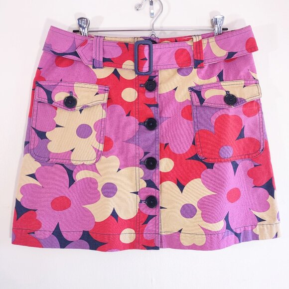 Boden Retro Flower Power Denim Mini Skirt w/ Fabric Belt Boho Hippie Women Sz 12 - Picture 1 of 8